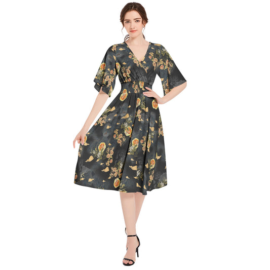 Butterfly Sleeve Shirred High Waist A Line Midi Dress