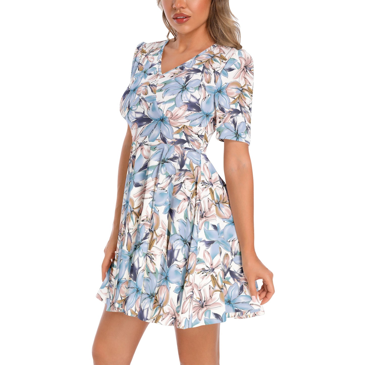 Short Sleeve Ruched Bust Flared Hem Dress