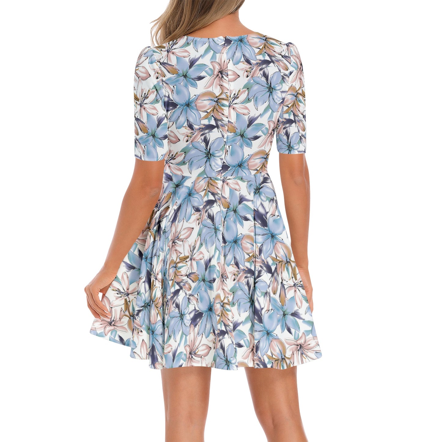 Short Sleeve Ruched Bust Flared Hem Dress