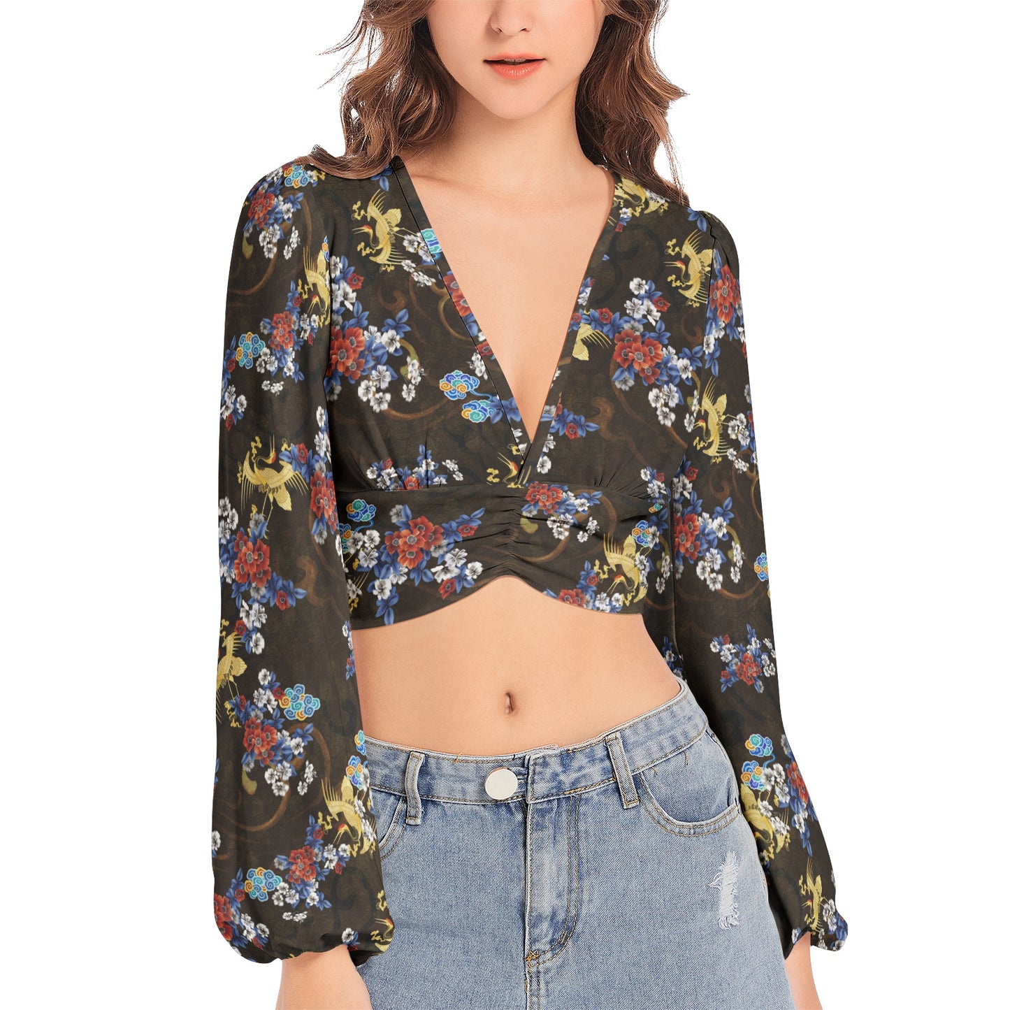 Women's Deep V-Neck Lantern Sleeve Crop Top