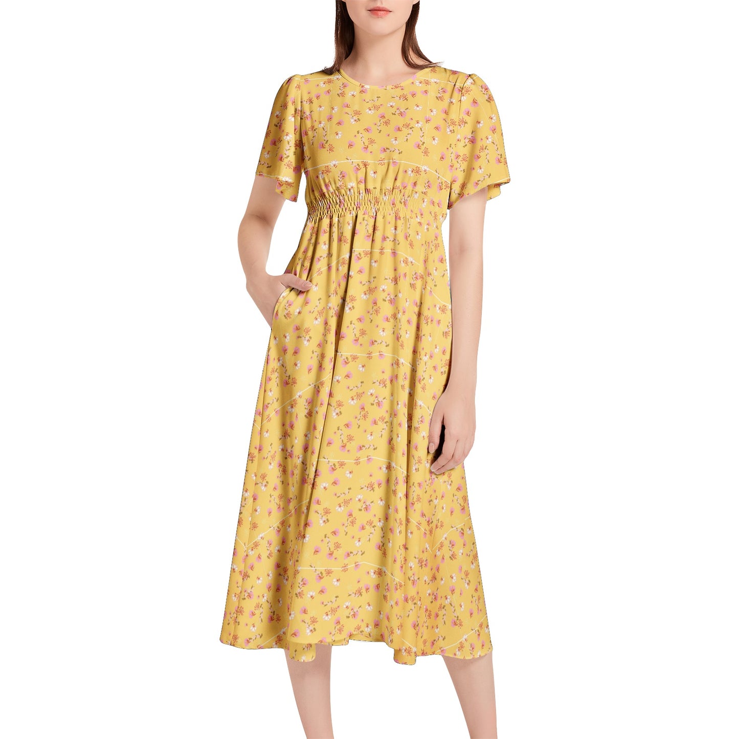 Short Sleeve Shirred Waist Midi Dress