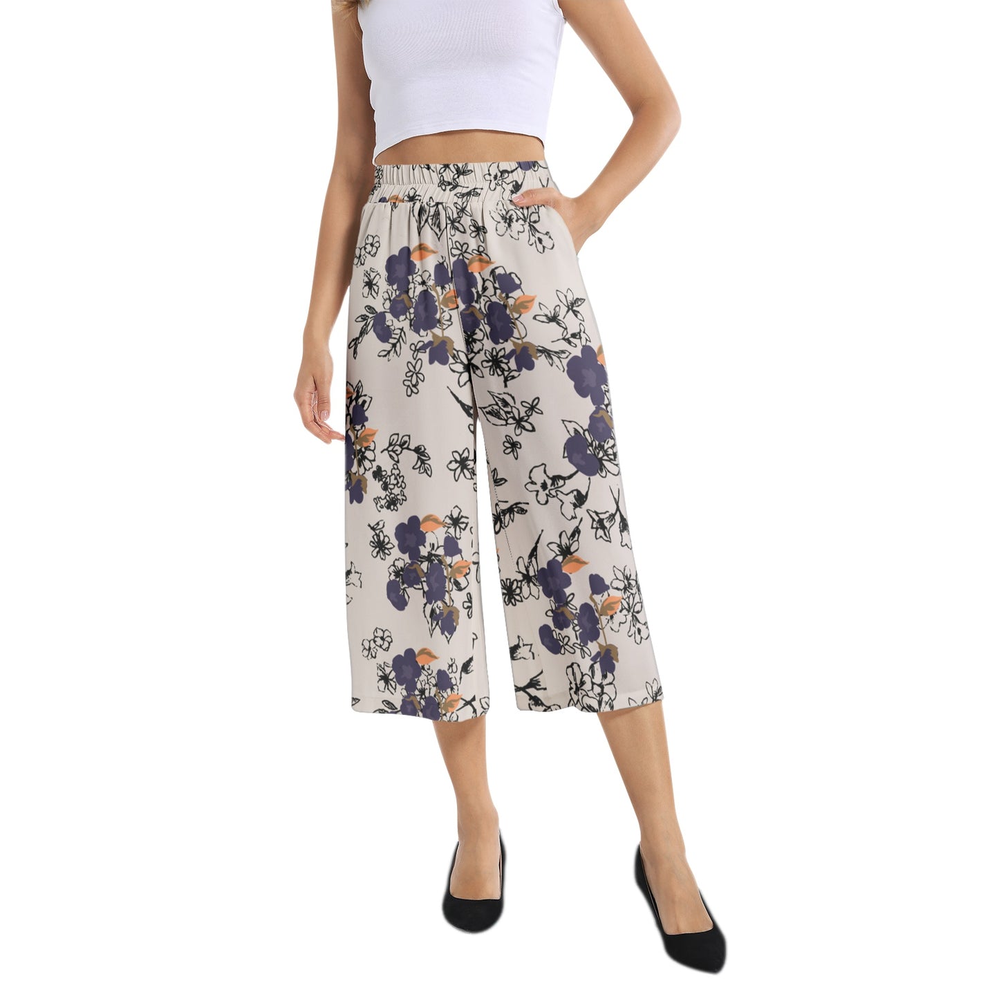 Elastic Waist Capris Wide Leg Pant