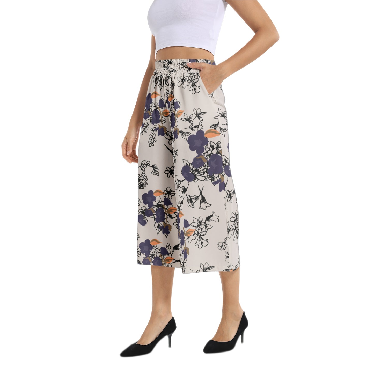 Elastic Waist Capris Wide Leg Pant