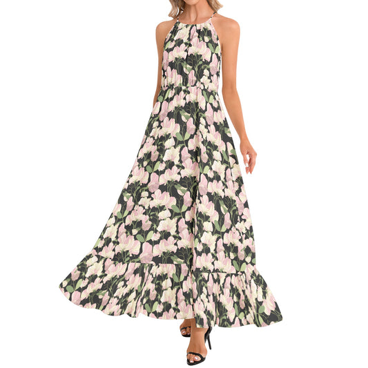 Ruffle Hem Halter Neck Maxi Dress