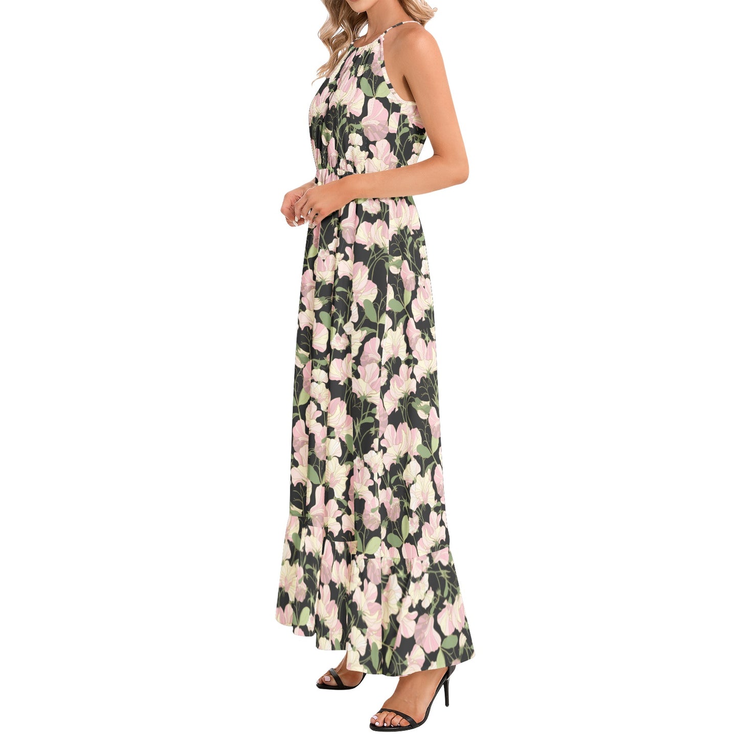 Ruffle Hem Halter Neck Maxi Dress