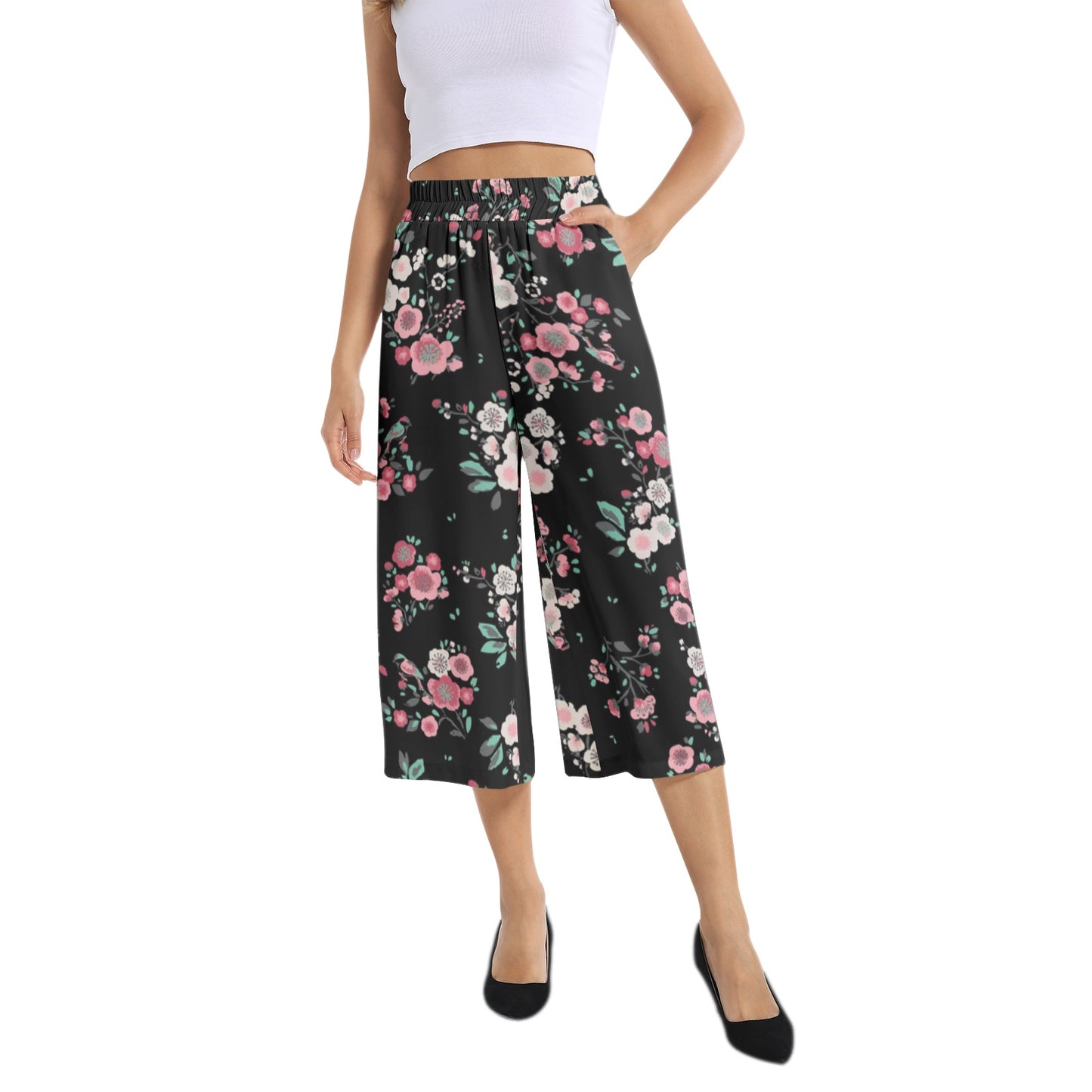 Elastic Waist Capris Wide Leg Pant