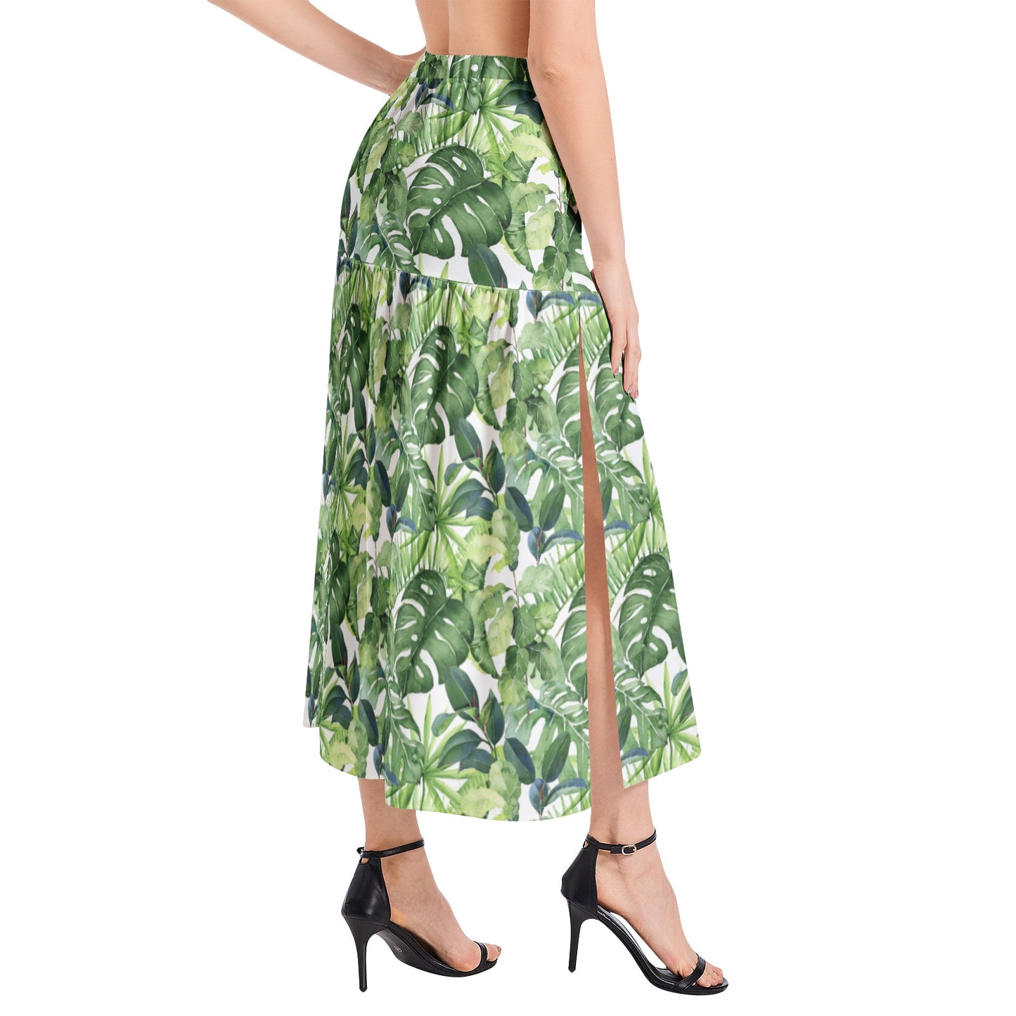 Elastic Waist Ruffle Slit Hem Skirt