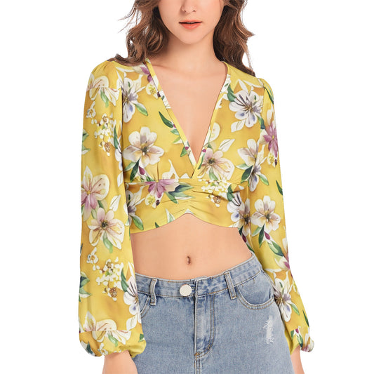 Women's Deep V-Neck Lantern Sleeve Crop Top