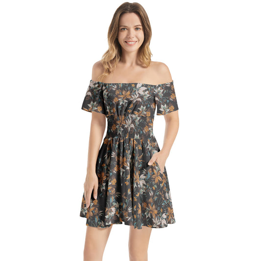 Off Shoulder Shirred Waist Flared Mini Dress