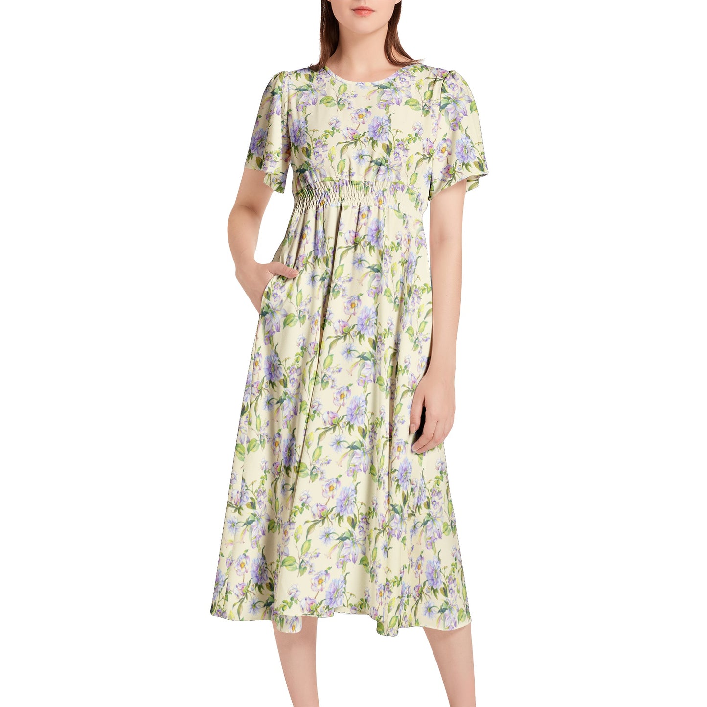 Short Sleeve Shirred Waist Midi Dress