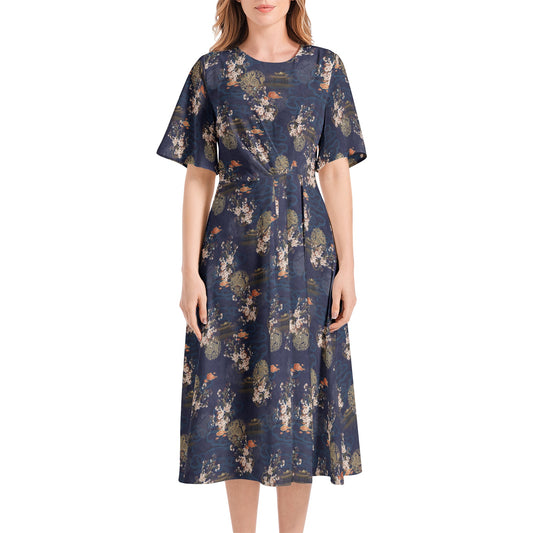 Short Sleeve Waist Folding Midi Dress