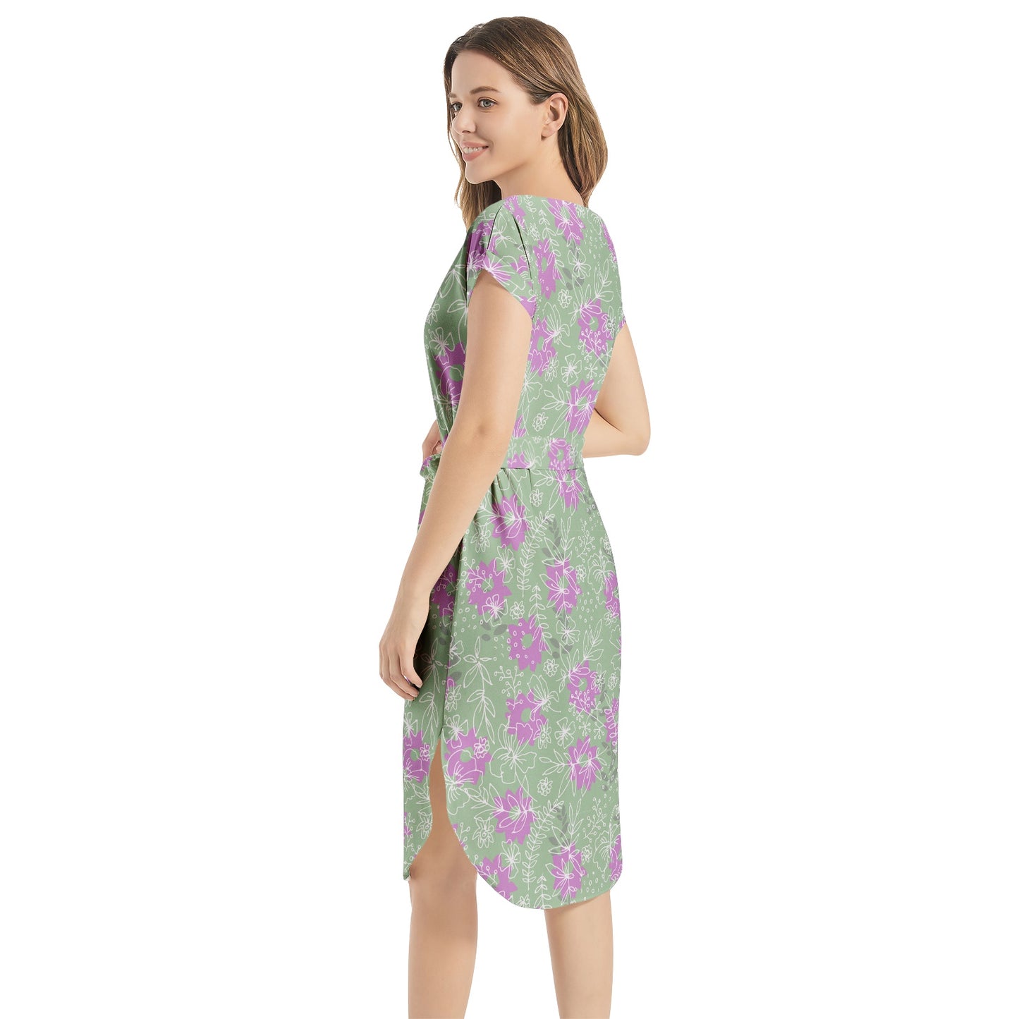 Notched Neck Belted Dress