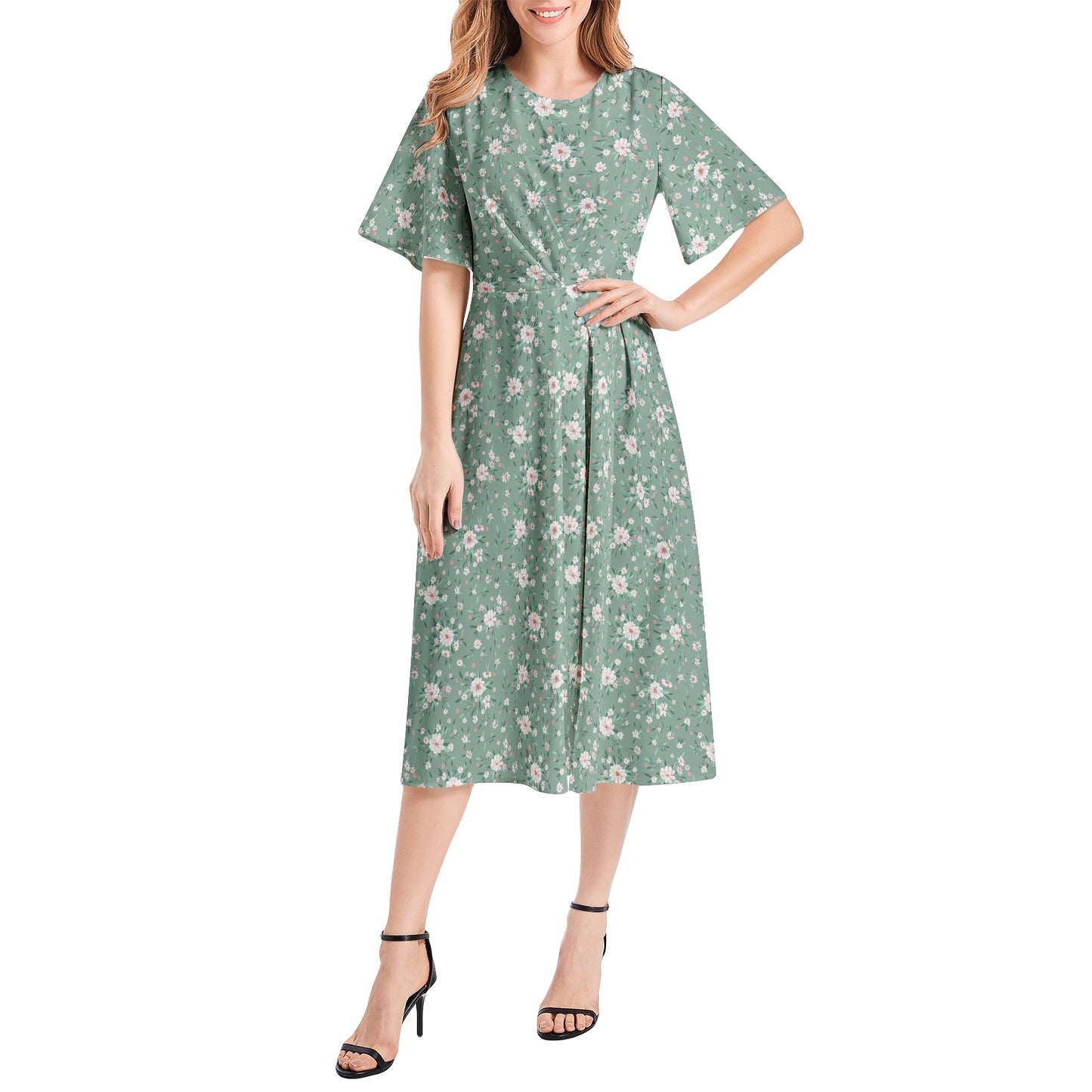 Short Sleeve Waist Folding Midi Dress