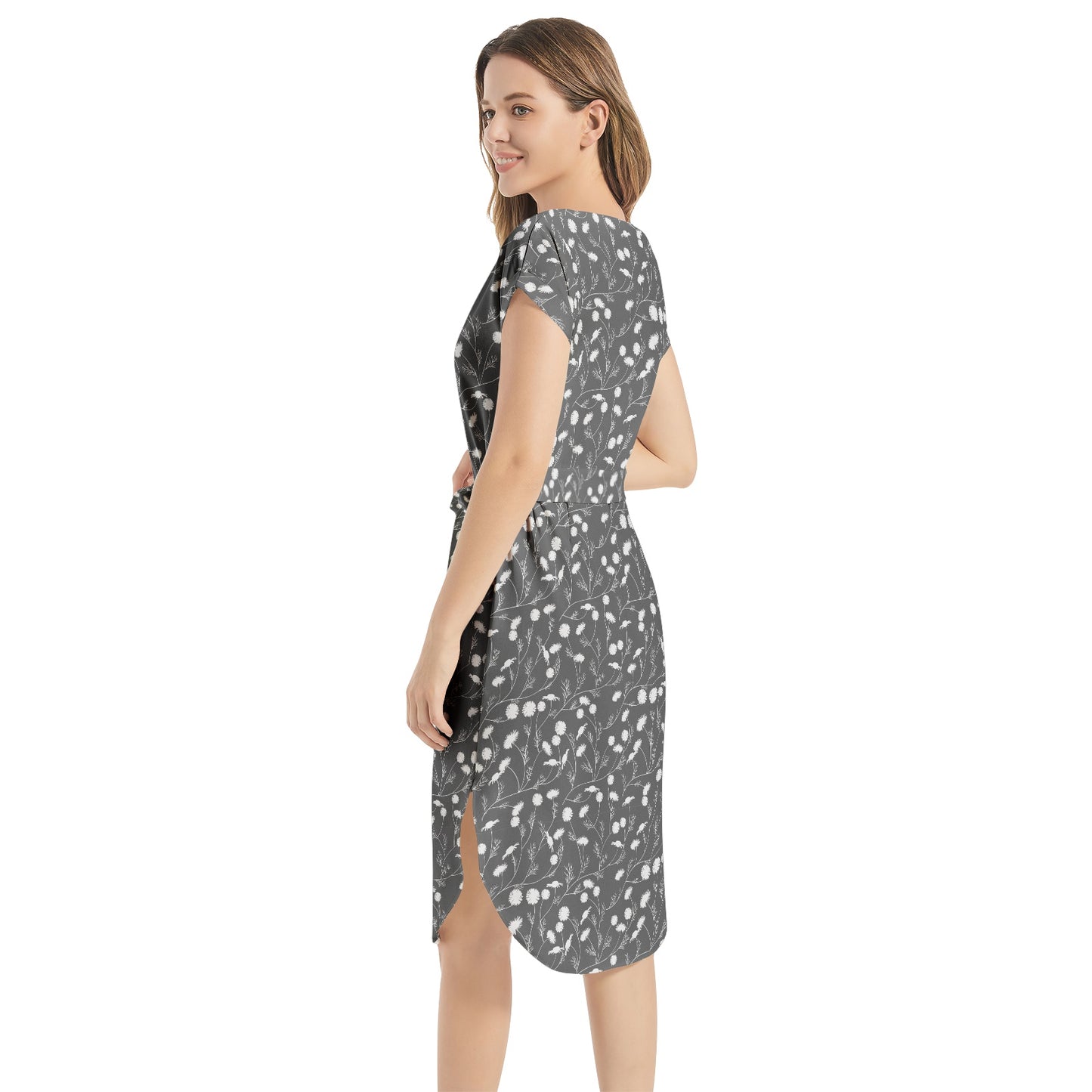 Notched Neck Belted Dress