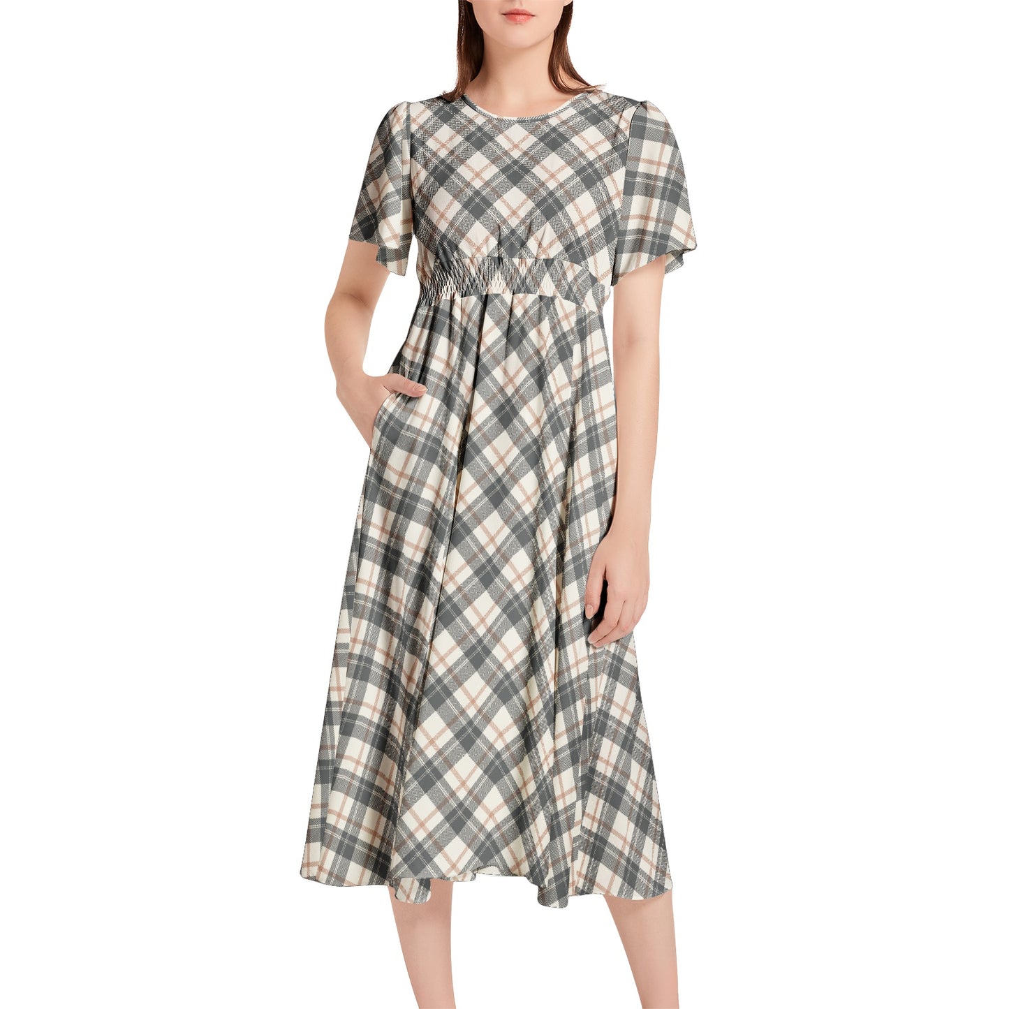 Short Sleeve Shirred Waist Midi Dress