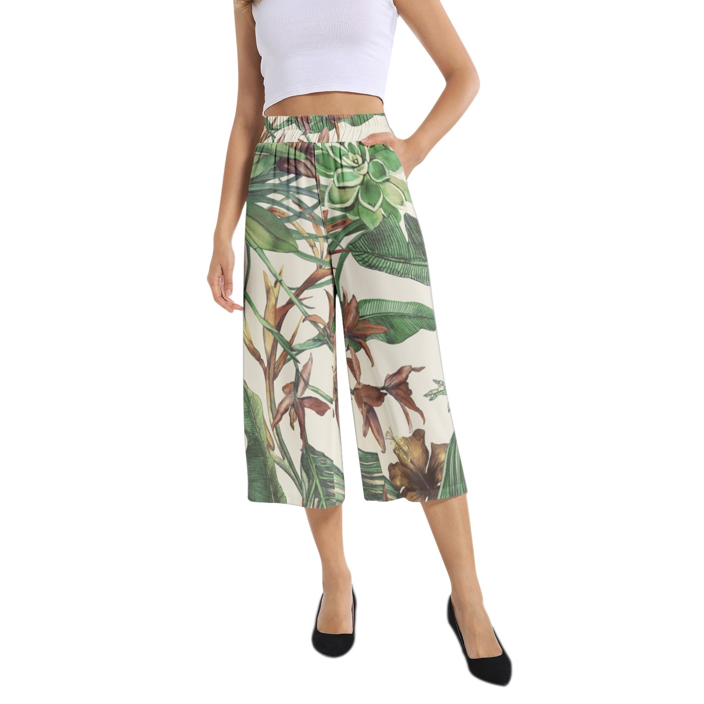 Elastic Waist Capris Wide Leg Pant