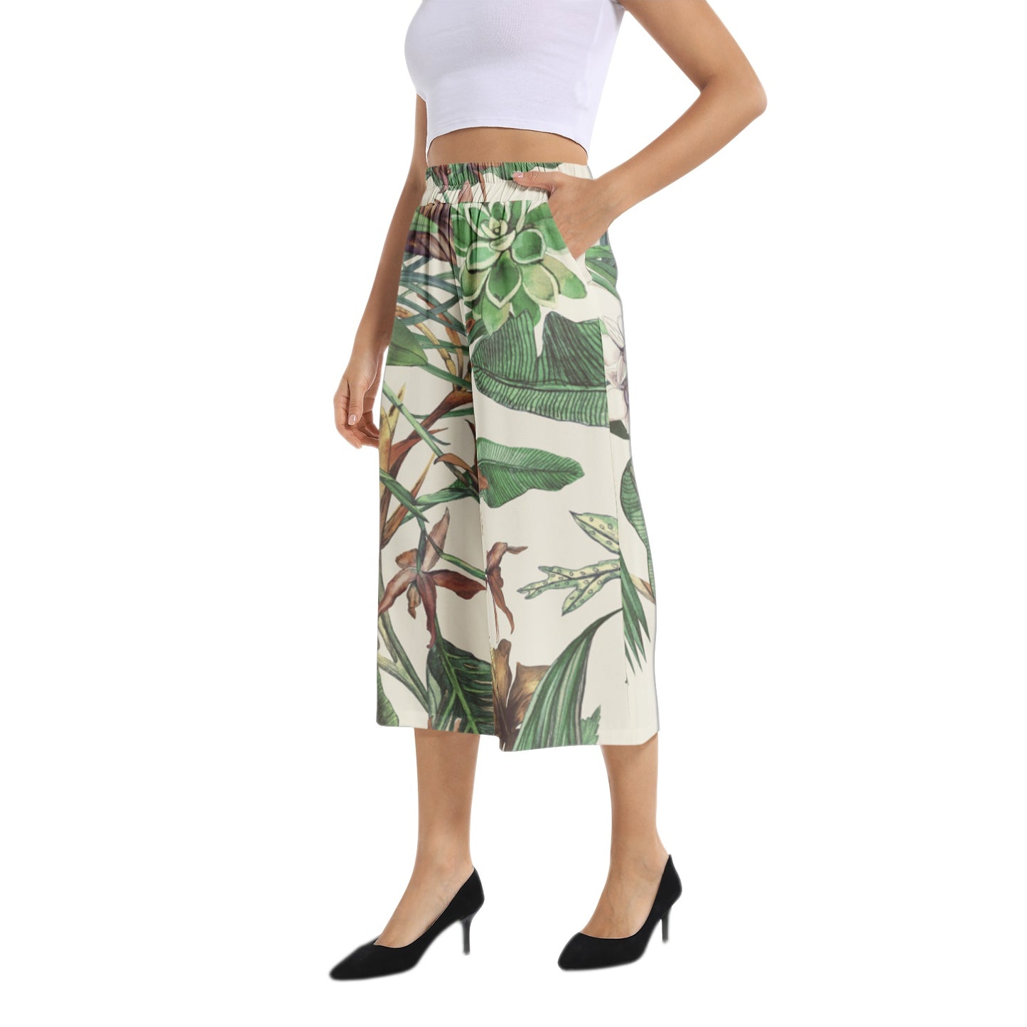 Elastic Waist Capris Wide Leg Pant