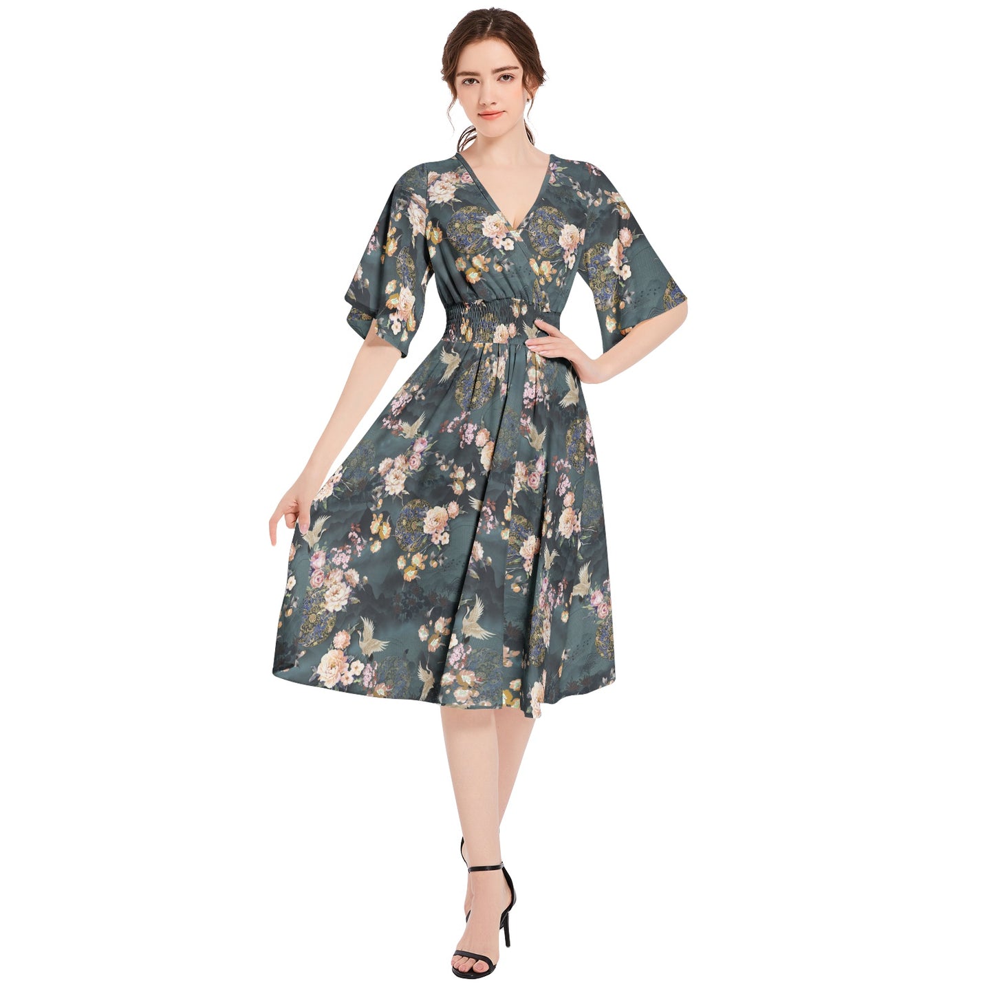 Butterfly Sleeve Shirred High Waist A Line Midi Dress