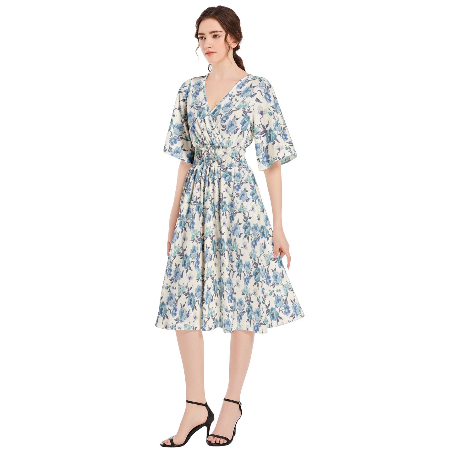 Butterfly Sleeve Shirred High Waist A Line Midi Dress