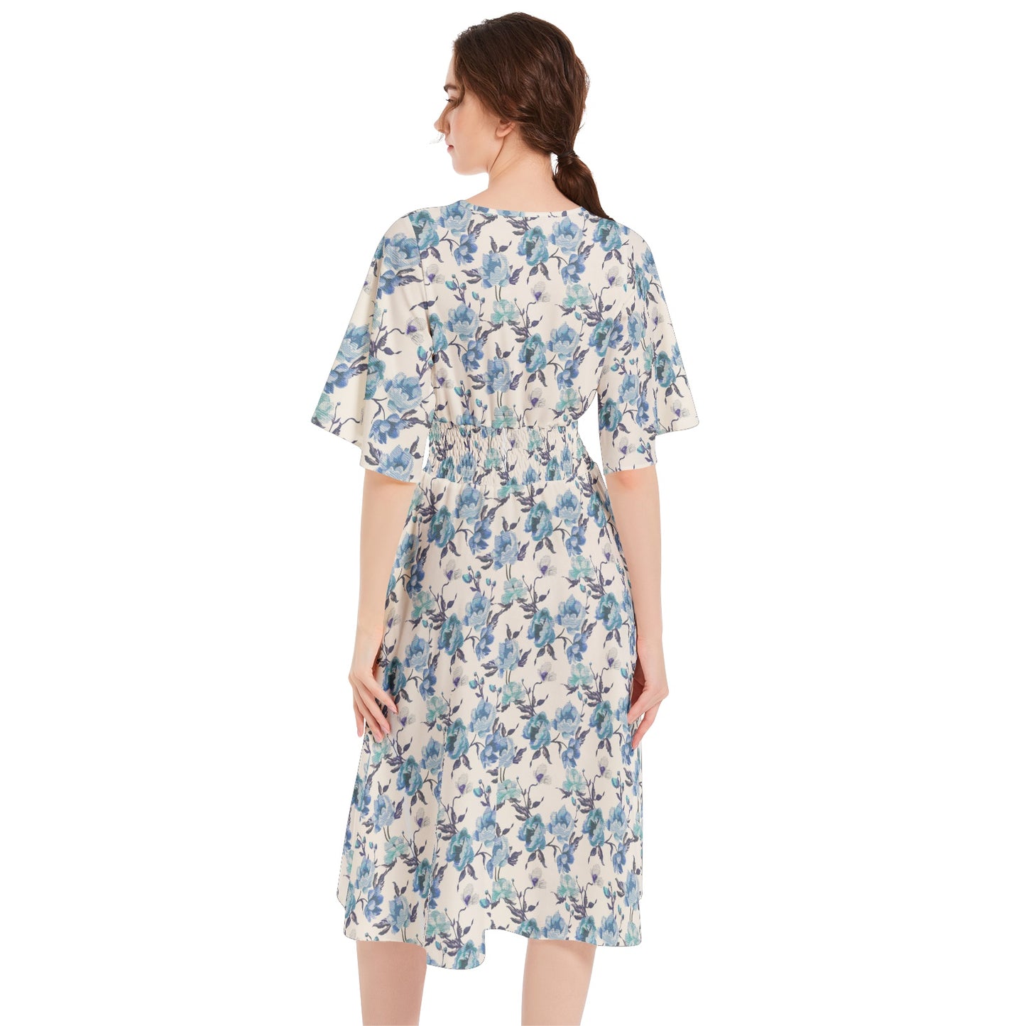 Butterfly Sleeve Shirred High Waist A Line Midi Dress