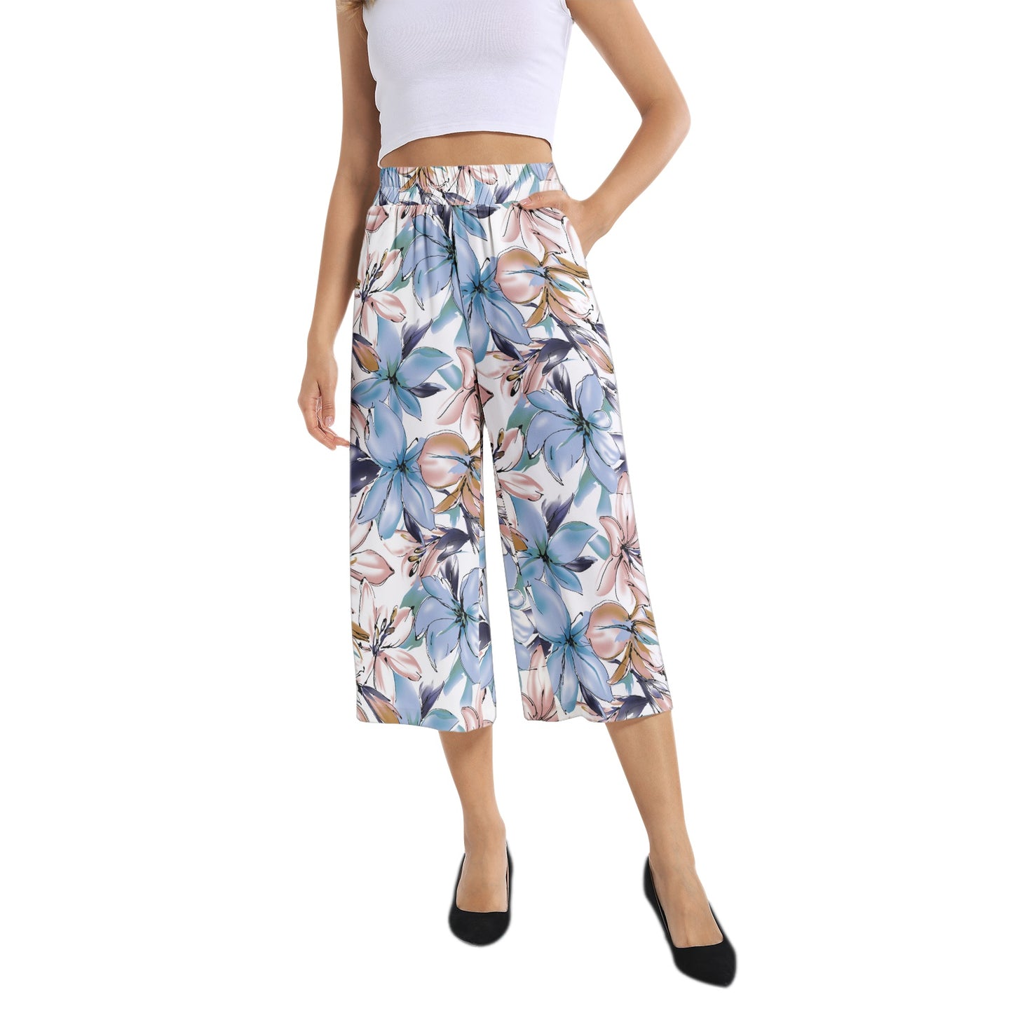 Elastic Waist Capris Wide Leg Pant