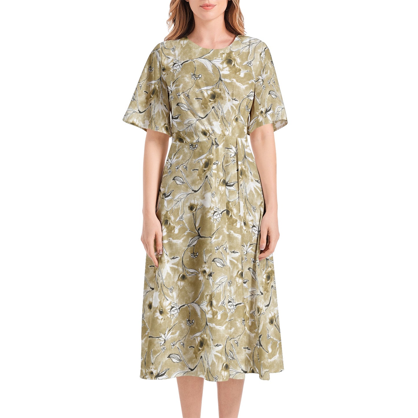 Short Sleeve Waist Folding Midi Dress