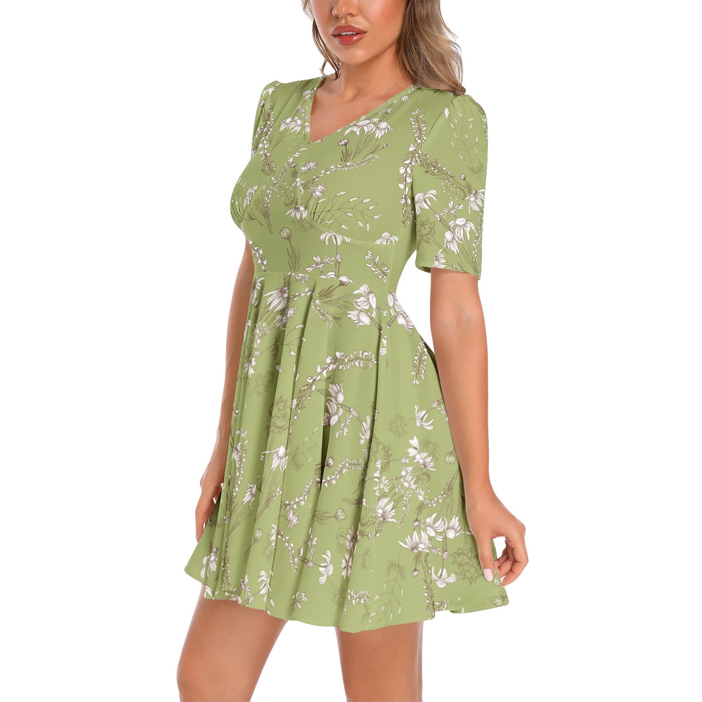 Short Sleeve Ruched Bust Flared Hem Dress