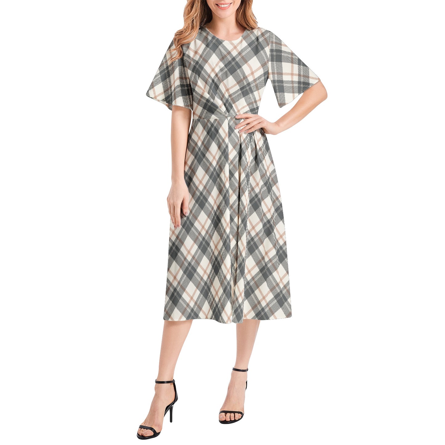 Short Sleeve Waist Folding Midi Dress