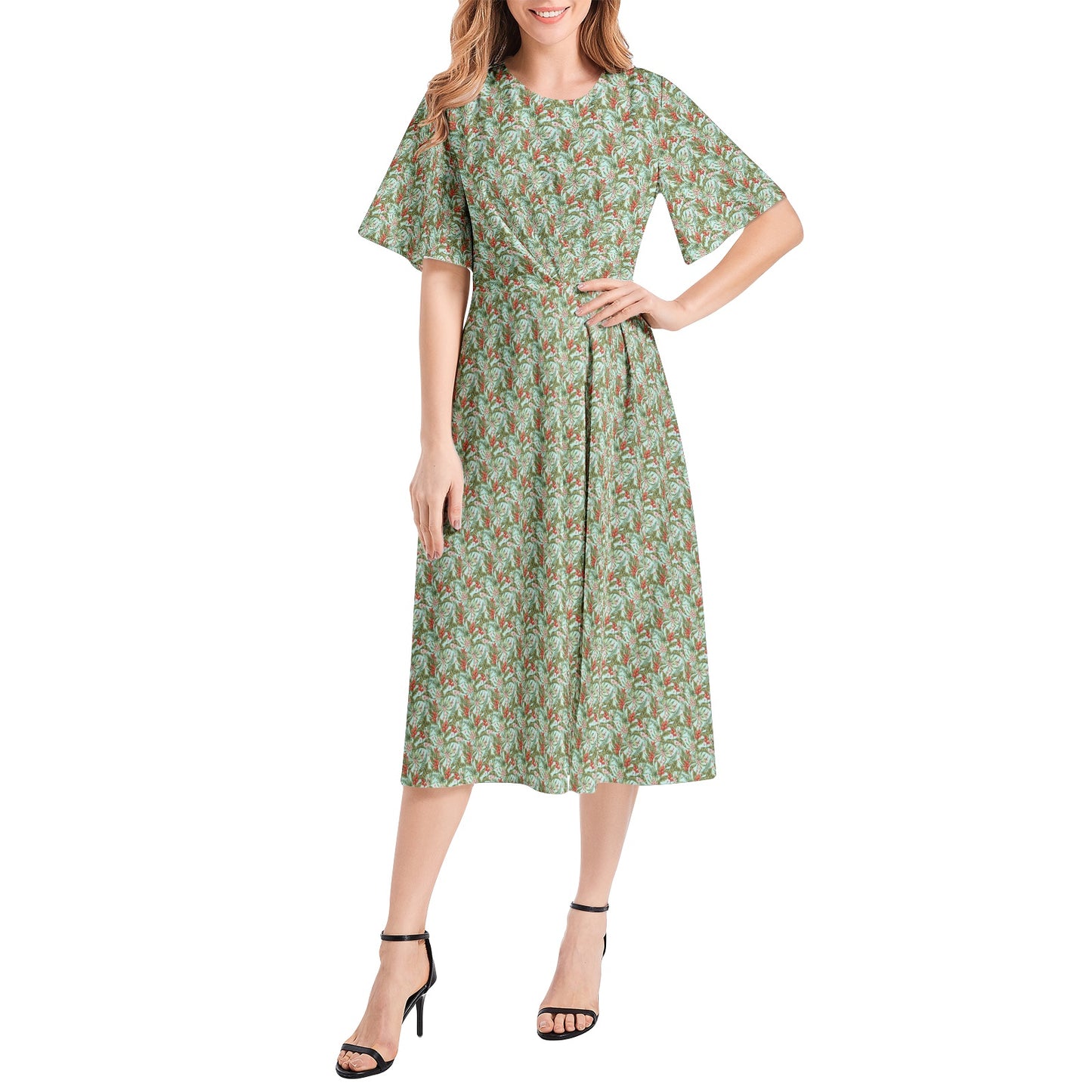 Short Sleeve Waist Folding Midi Dress