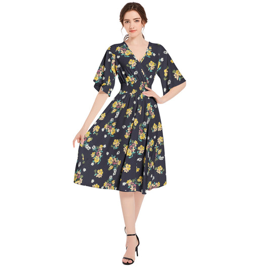 Butterfly Sleeve Shirred High Waist A Line Midi Dress