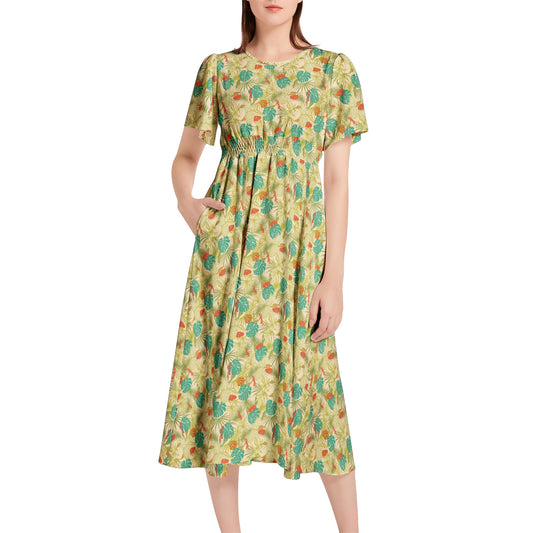 Short Sleeve Shirred Waist Midi Dress