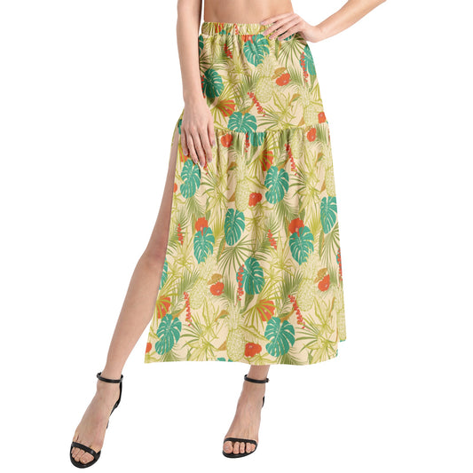 Elastic Waist Ruffle Slit Hem Skirt