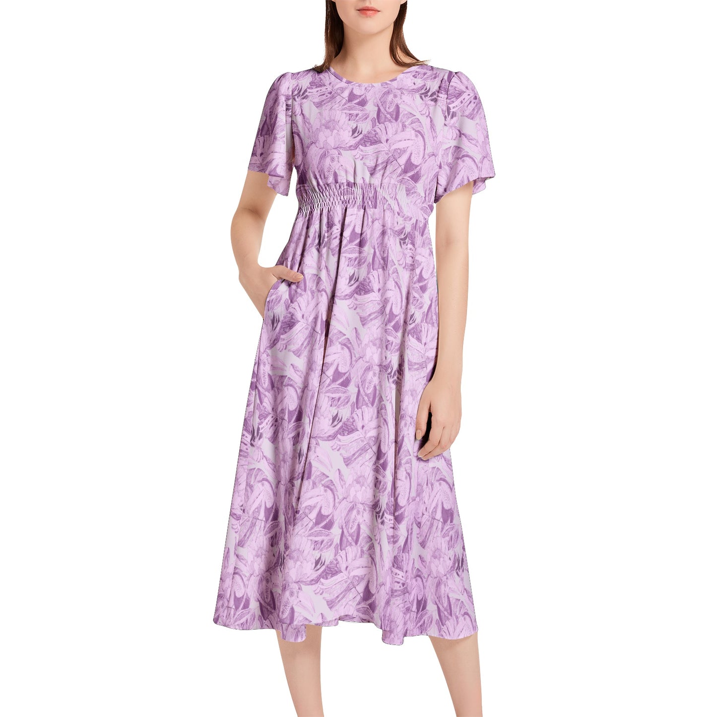 Short Sleeve Shirred Waist Midi Dress