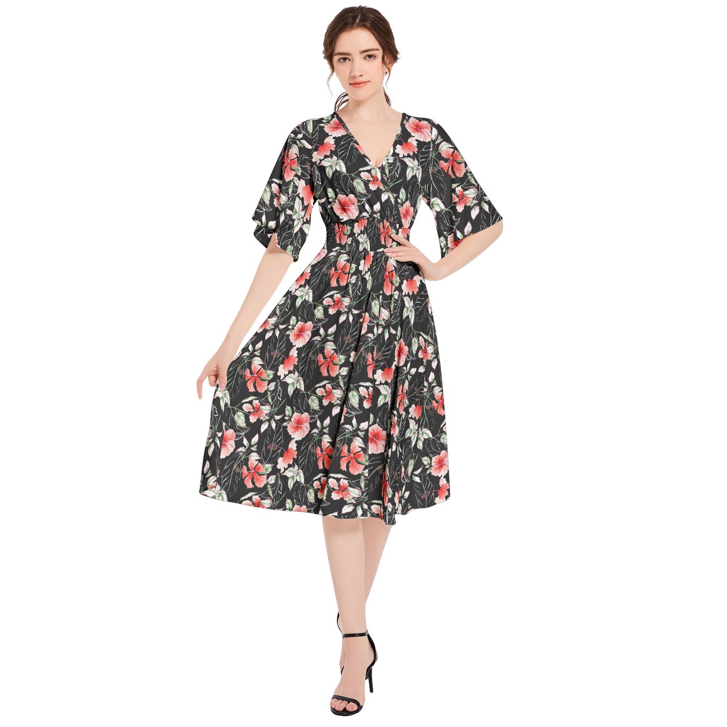 Butterfly Sleeve Shirred High Waist A Line Midi Dress