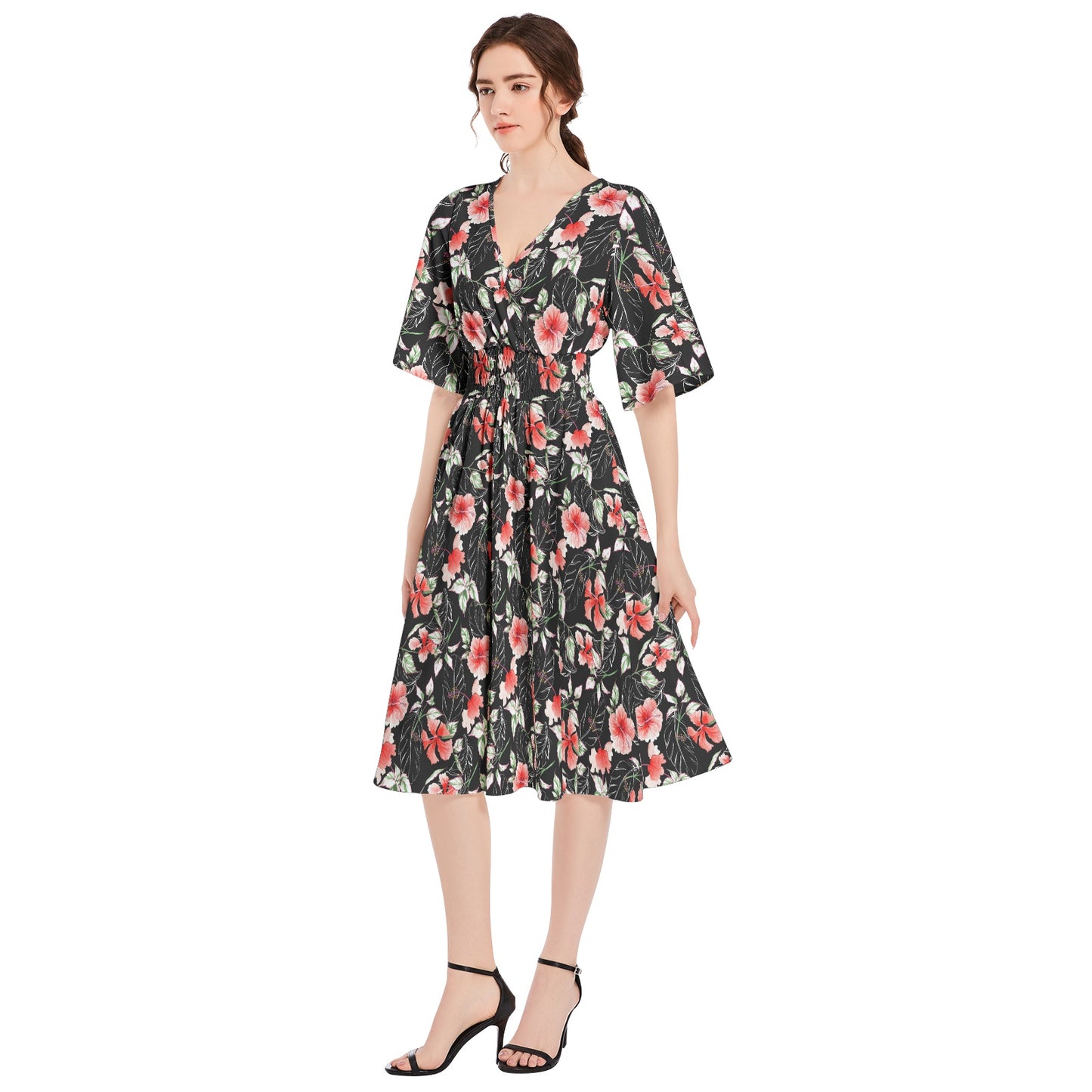 Butterfly Sleeve Shirred High Waist A Line Midi Dress