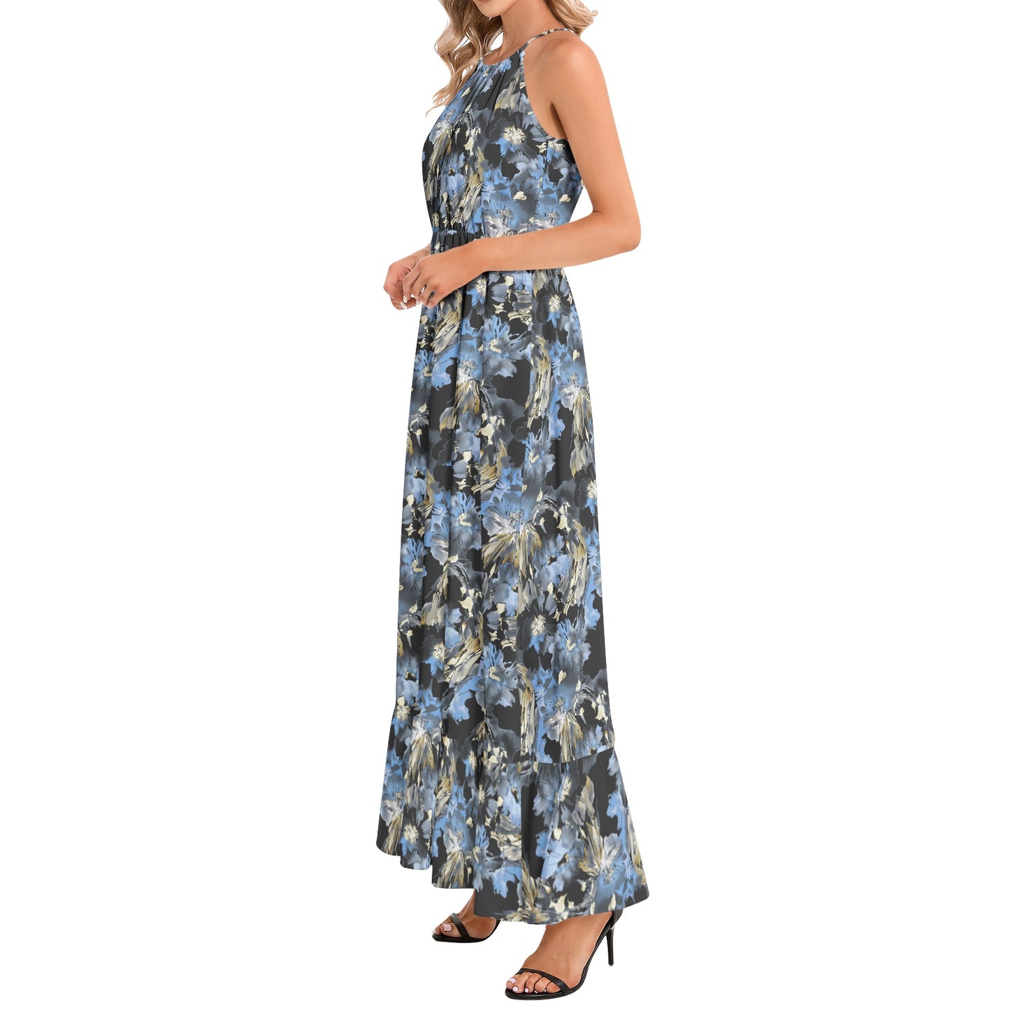 Ruffle Hem Halter Neck Maxi Dress