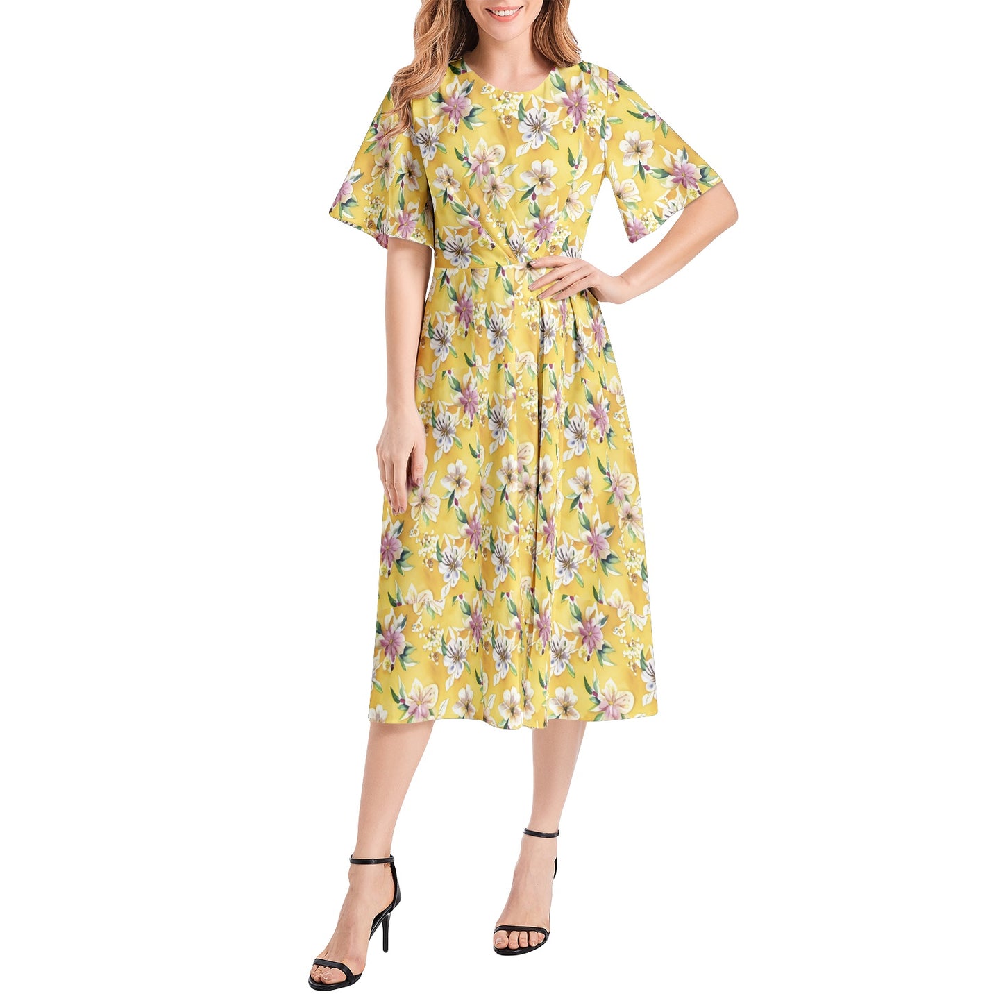 Short Sleeve Waist Folding Midi Dress