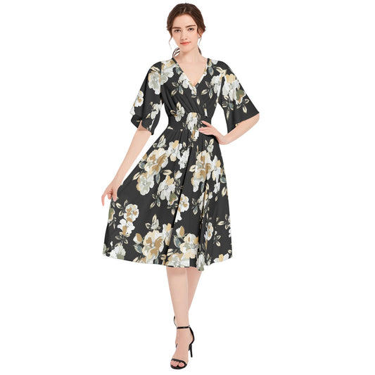 Butterfly Sleeve Shirred High Waist A Line Midi Dress