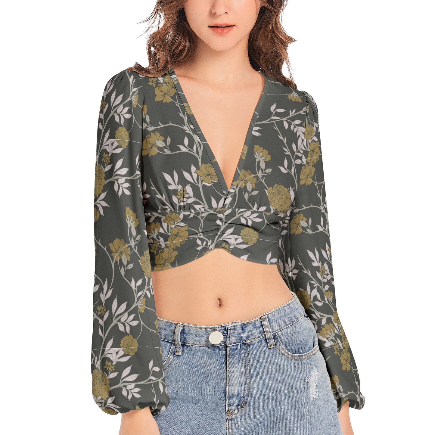 Women's Deep V-Neck Lantern Sleeve Crop Top