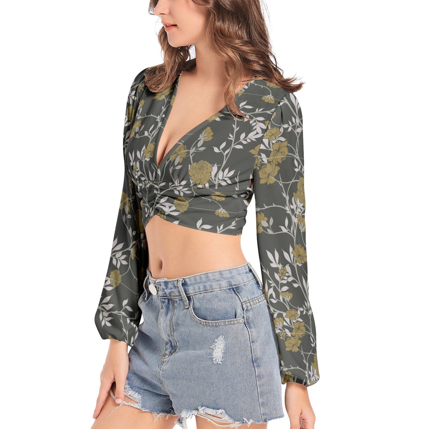 Women's Deep V-Neck Lantern Sleeve Crop Top