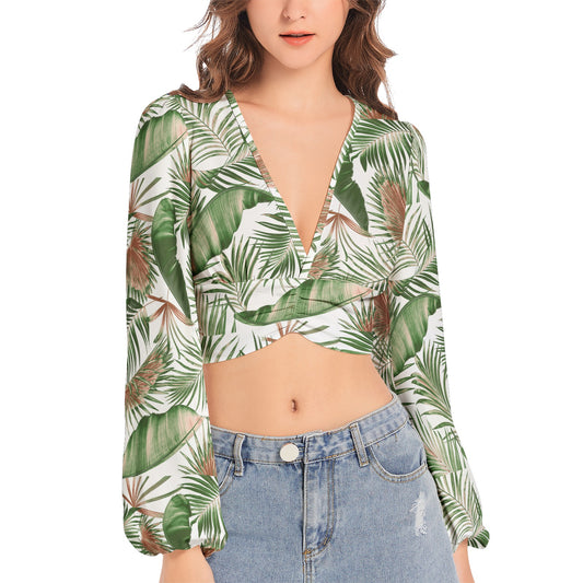 Women's Deep V-Neck Lantern Sleeve Crop Top