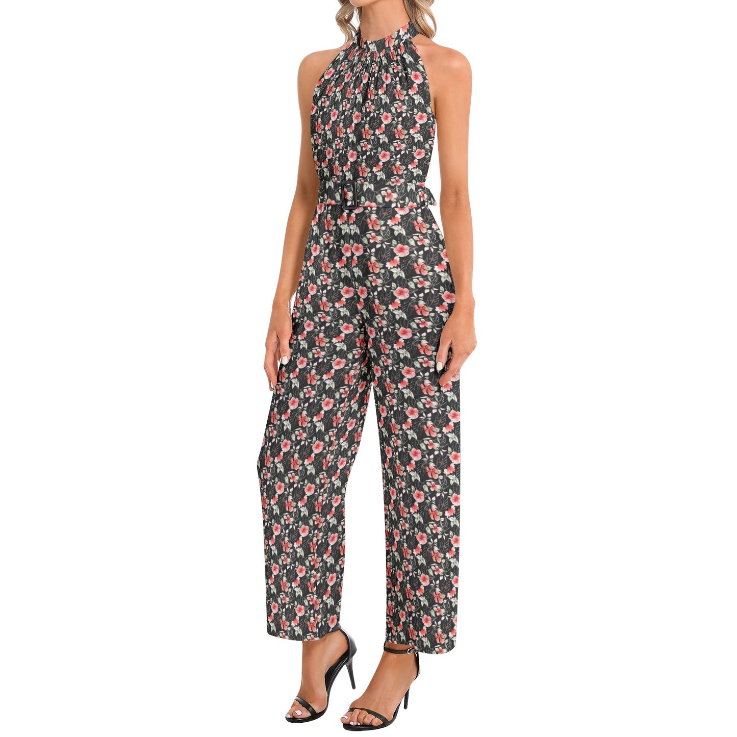 Halter Neck Buckle Belted Jumpsuit