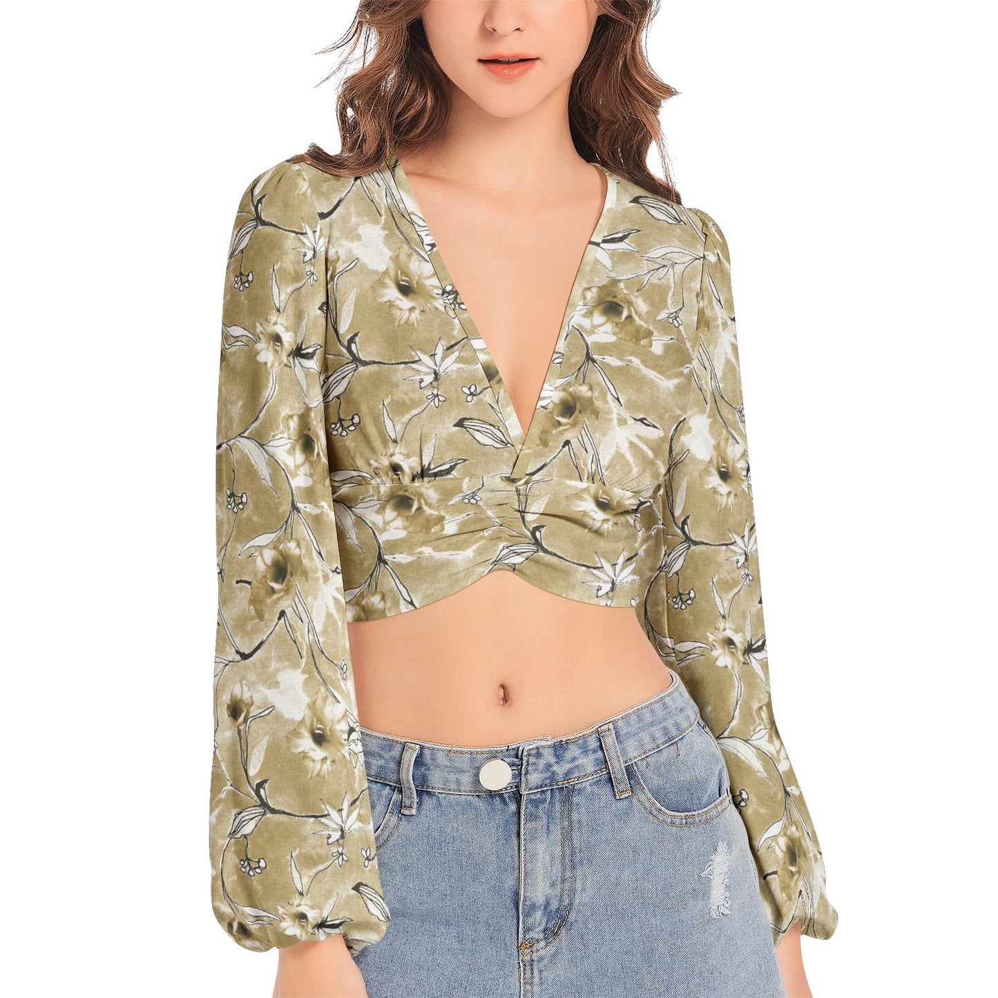 Women's Deep V-Neck Lantern Sleeve Crop Top