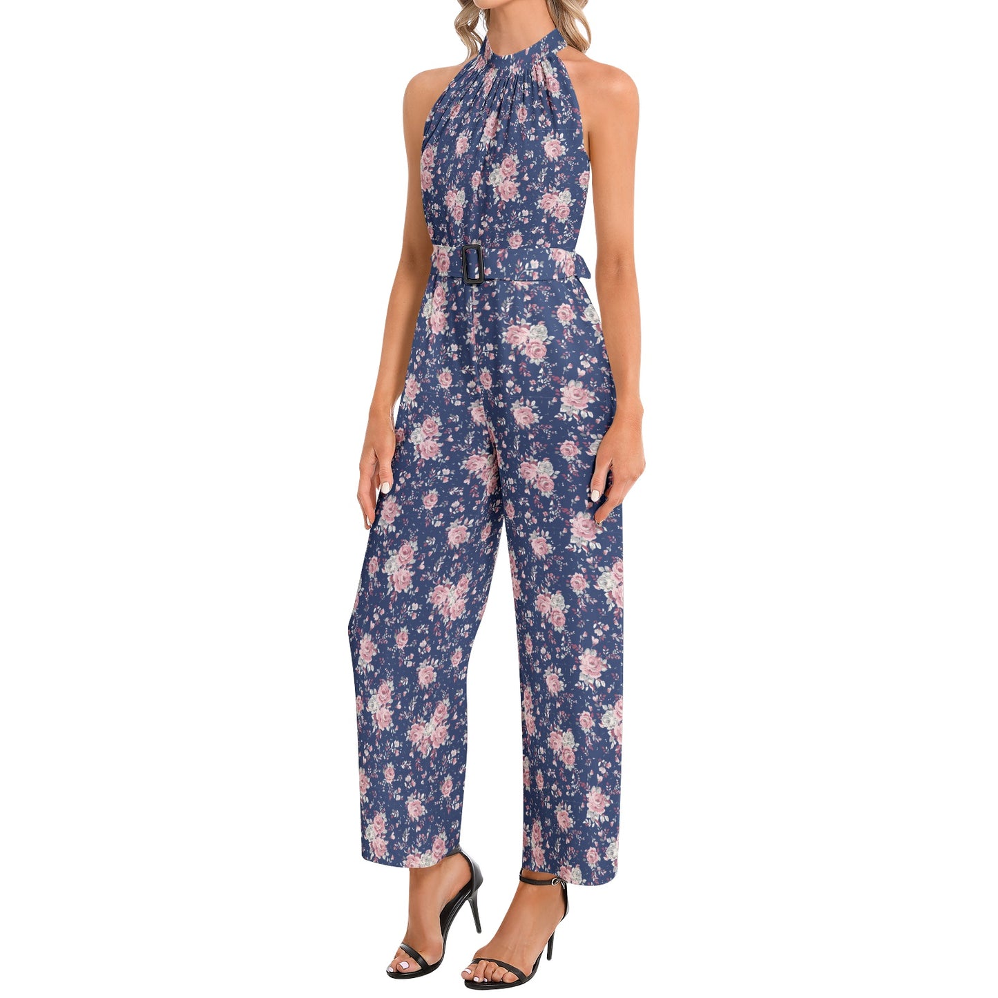 Halter Neck Buckle Belted Jumpsuit