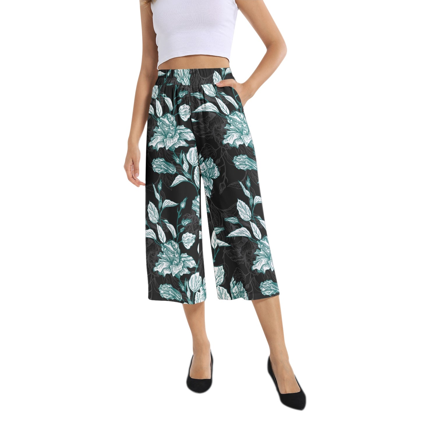 Elastic Waist Capris Wide Leg Pant