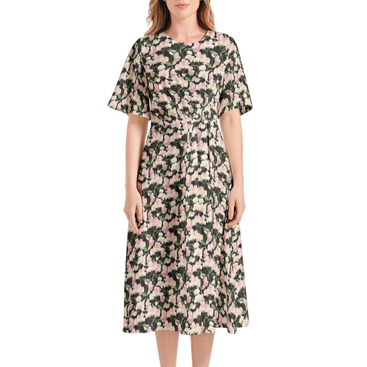 Short Sleeve Waist Folding Midi Dress