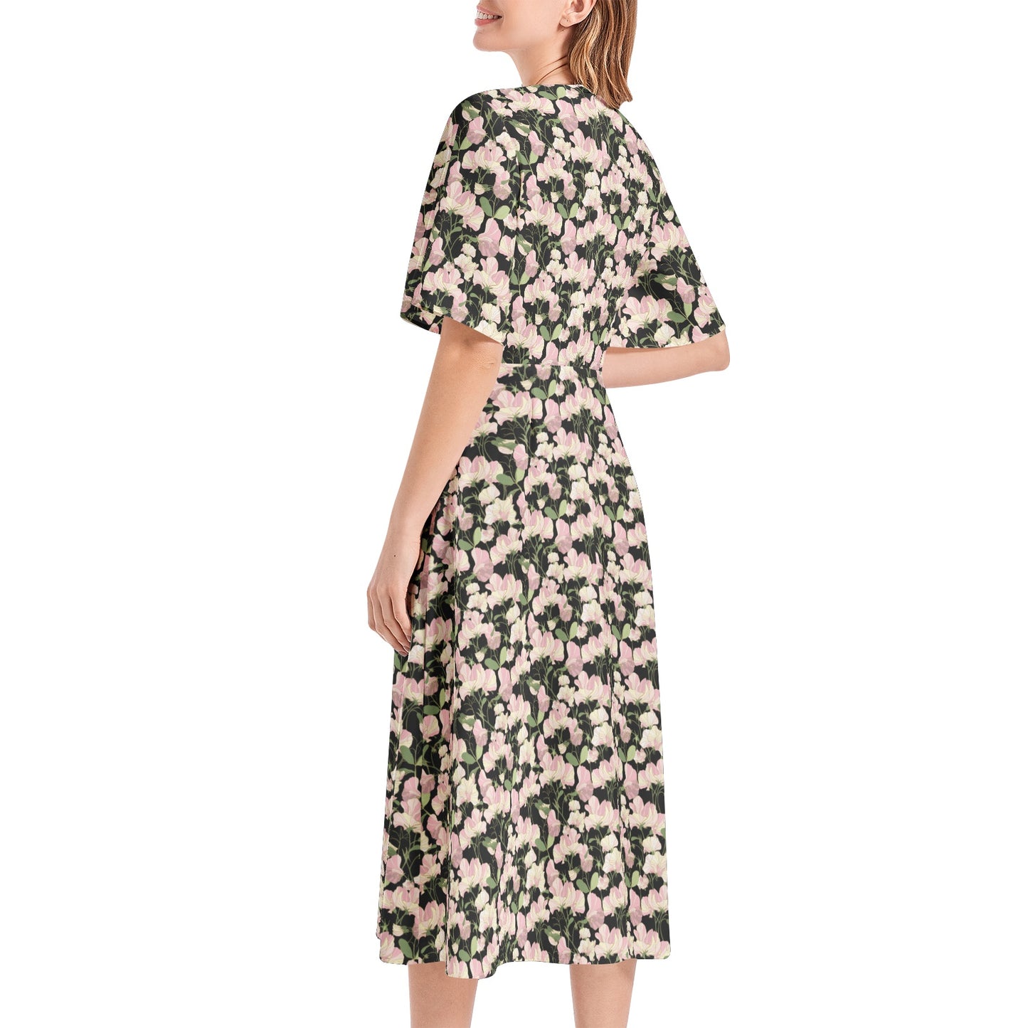 Short Sleeve Waist Folding Midi Dress