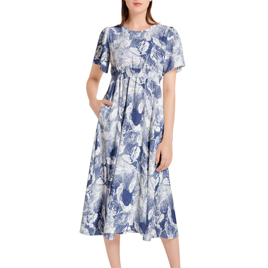 Short Sleeve Shirred Waist Midi Dress