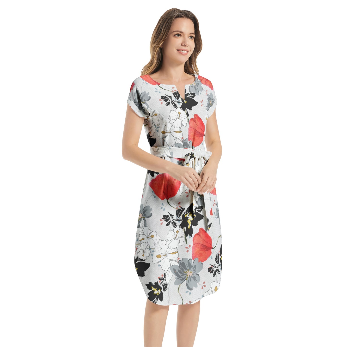 Notched Neck Belted Dress