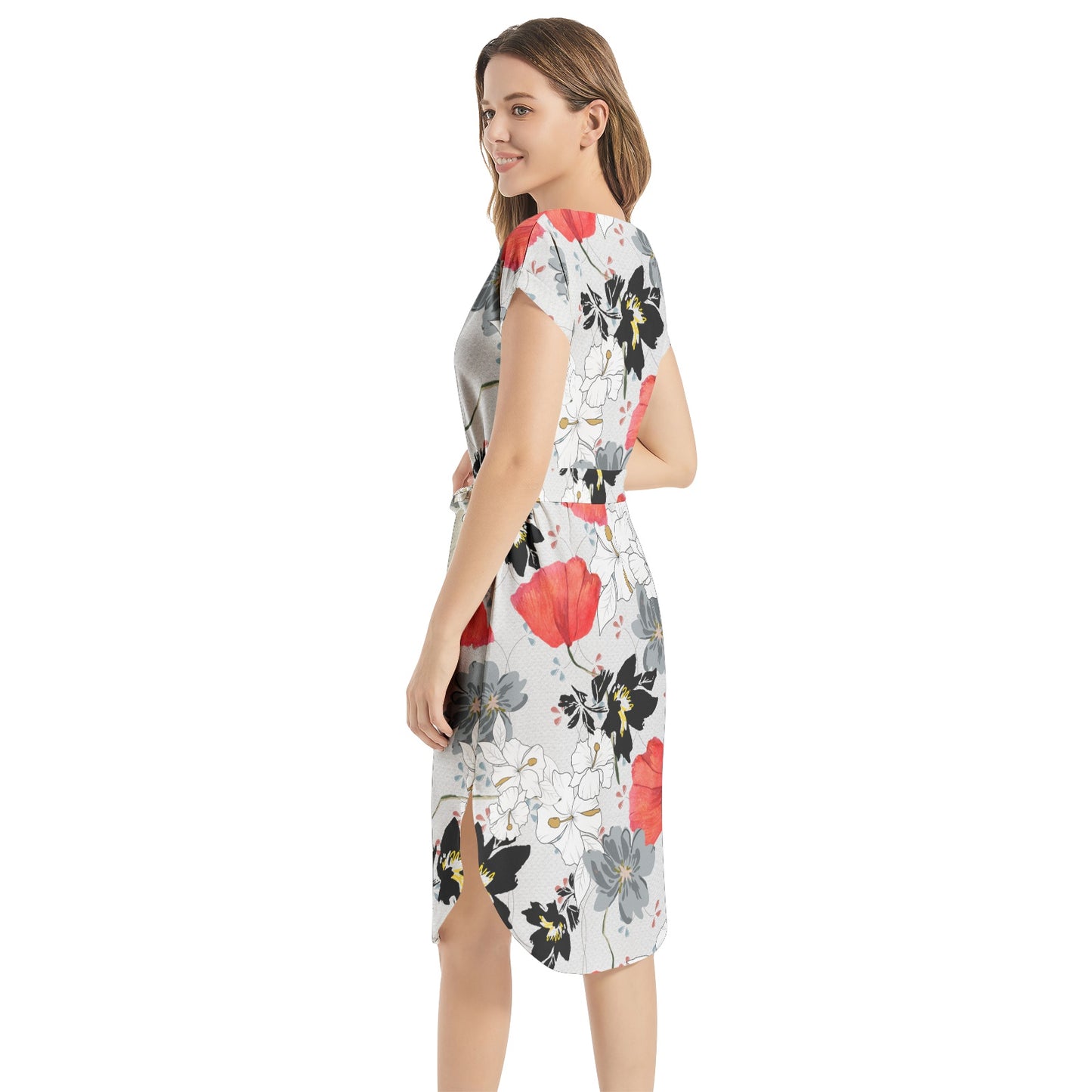 Notched Neck Belted Dress